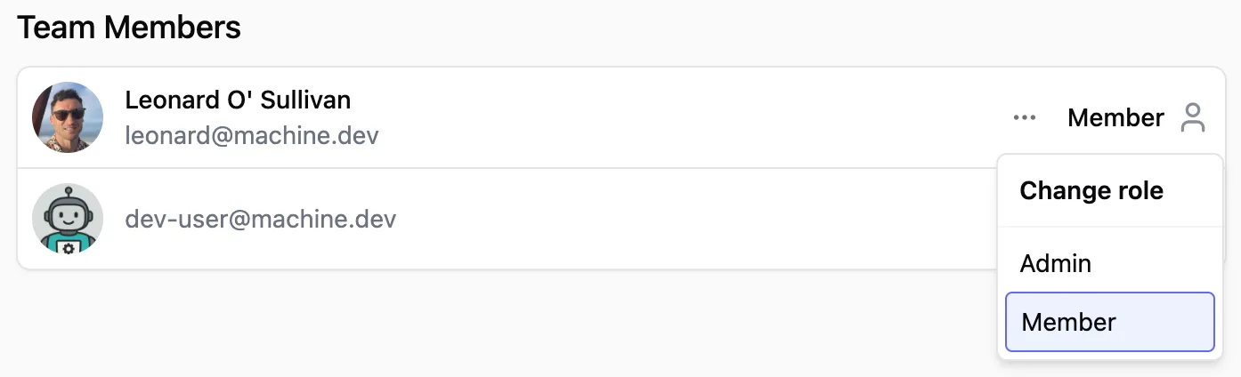 Action dropdown showing Admin and Member role options